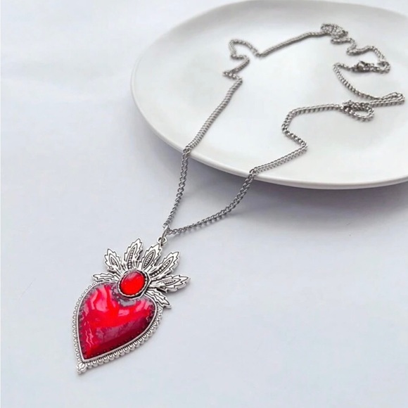 “Blooming Sacred Heart” Ruby Red Fiery Jesus Immaculate Mary Catholic Necklace - Picture 2 of 16